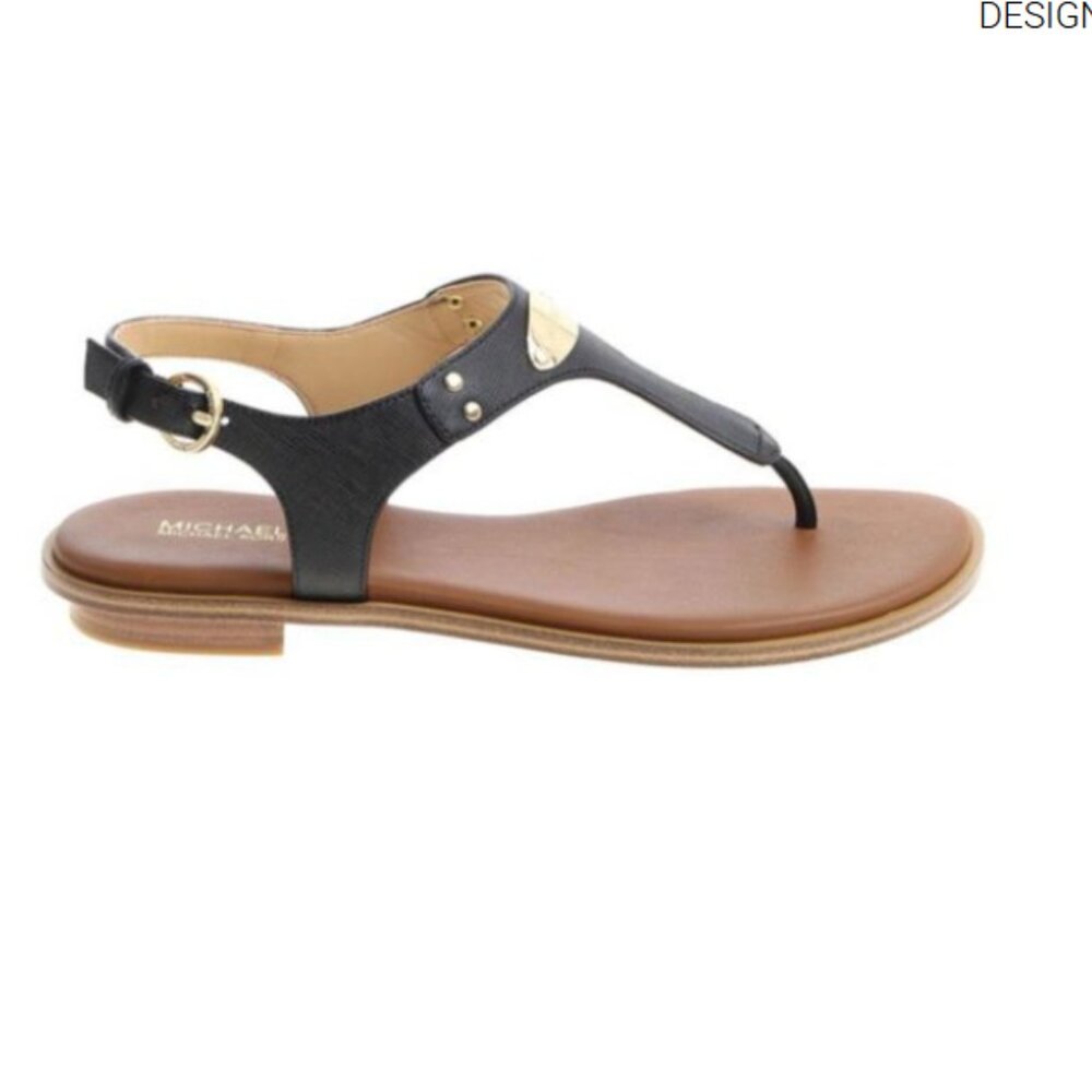 Michael Kors Black Leather Gold Logo Thong Sandals 9M - Picture 2 of 7